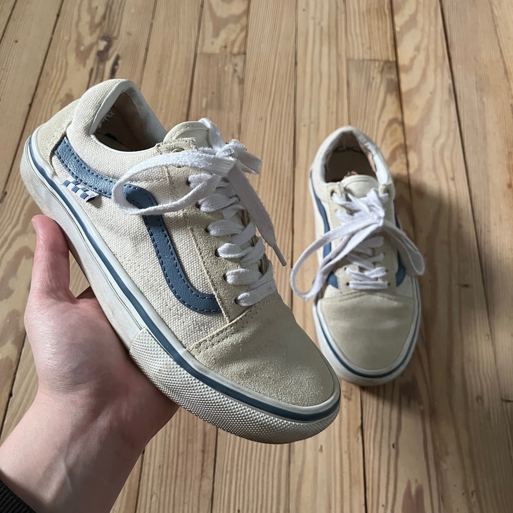Vans Skate Old Skool Shoes Mens 4.5 Womens 6 Cream Navy Suede Canvas Low Top